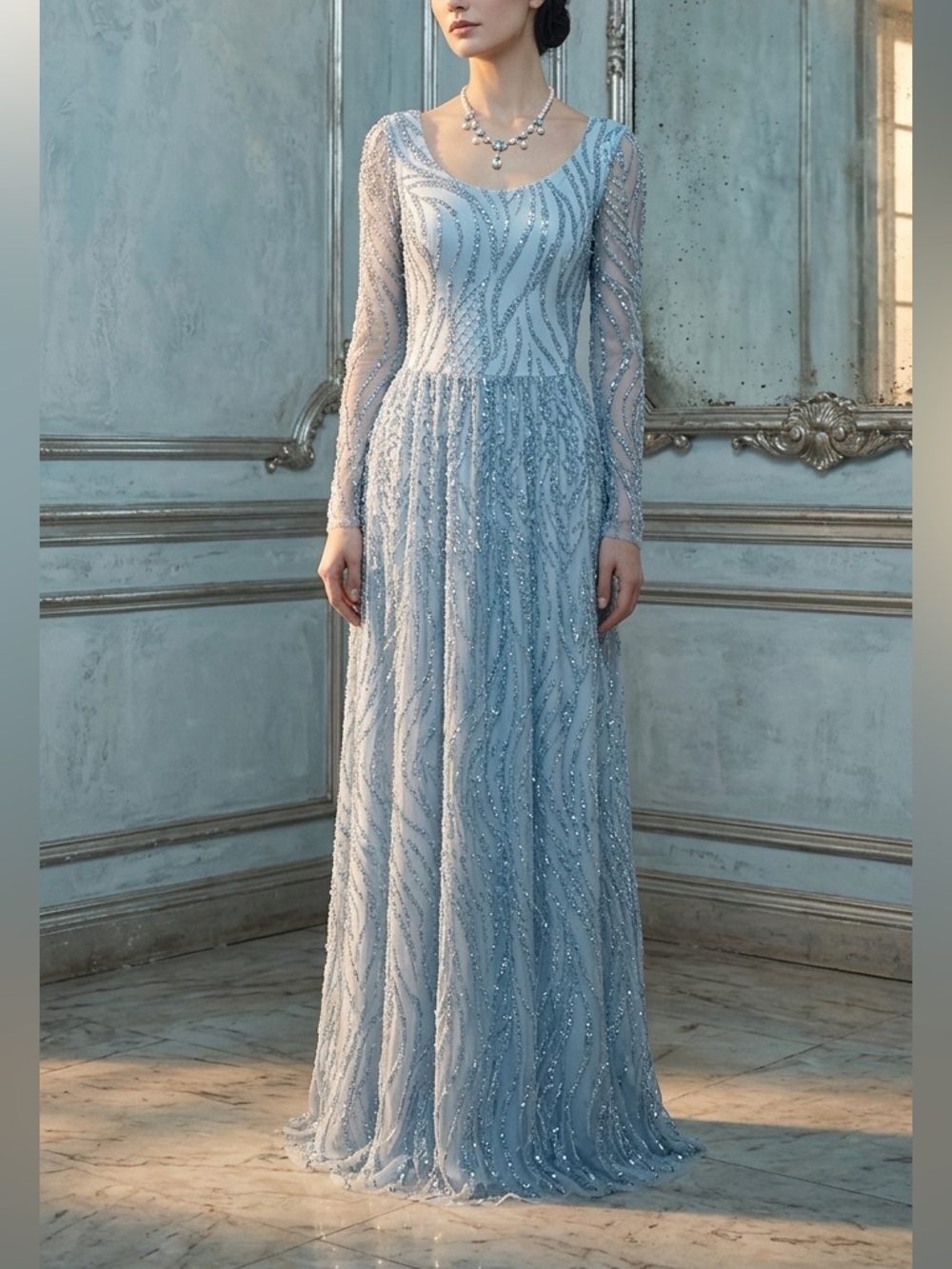 Whimsigoth Ice Blue beaded Formal Gown Fairycore Long Sleeve Mesh‎ Dress XS/S